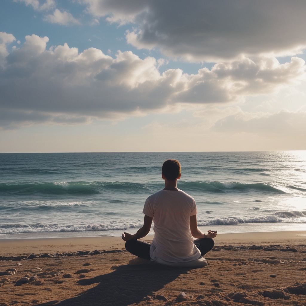 Person meditating by the sea